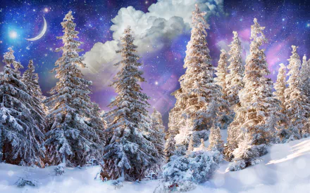 Snow-covered fir trees stand tall beneath a starry sky with a crescent moon and clouds in this vibrant, HD winter space-themed desktop wallpaper.