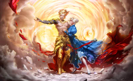 HD wallpaper featuring Gilgamesh and Saber from the Fate Series, capturing a dynamic moment surrounded by swirling colors and flowing fabrics, embodying the essence of anime artistry.