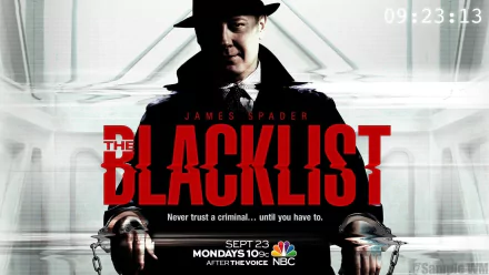 HD wallpaper of 'The Blacklist' featuring the central character in a fedora with show details and airtime.