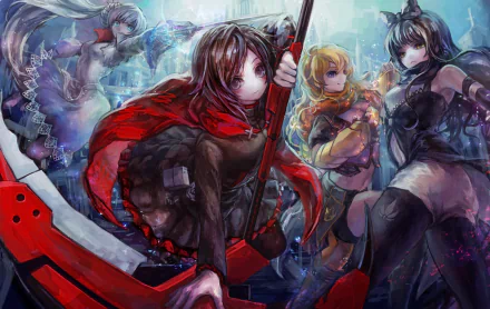 An HD desktop wallpaper featuring characters from the anime RWBY, showcasing dynamic action and vibrant colors in a captivating artistic style.