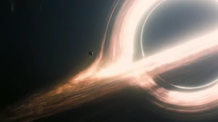A stunning HD PC desktop wallpaper featuring a dramatic visualization of a black hole, inspired by the movie Interstellar, with swirling cosmic elements and a distant planet.