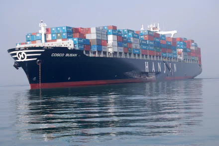 A large container ship, the Cosco Busan, is depicted sailing through calm waters, laden with colorful cargo containers, ideal for a HD desktop wallpaper or background.
