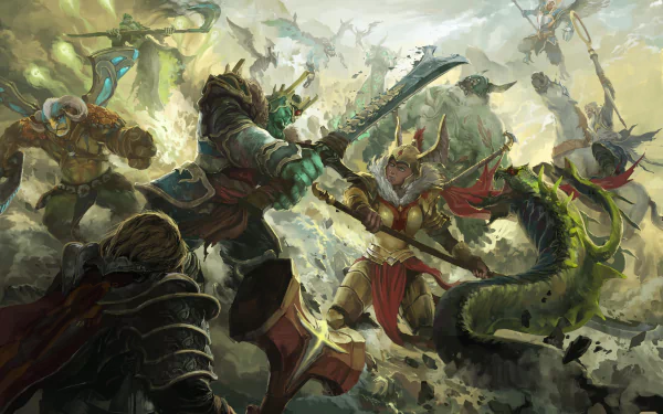DotA 2 video game battle scene: armored heroes clash with serpentine monsters amid rubble, rendered as a dramatic 4K Ultra HD PC desktop wallpaper/background.