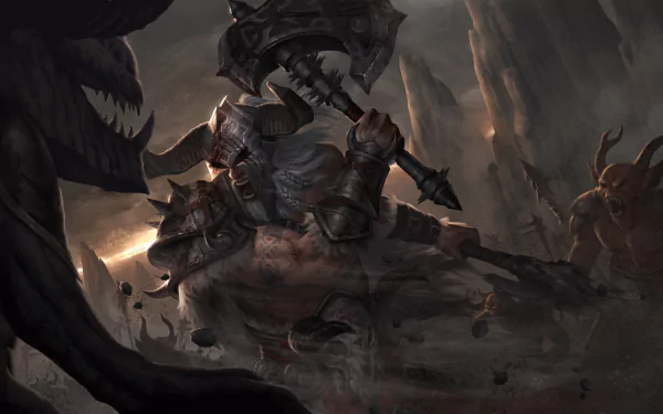 HD PC desktop wallpaper featuring the Barbarian from Diablo III in a fierce battle stance, surrounded by dark, ominous creatures in the video game’s grim fantasy setting.