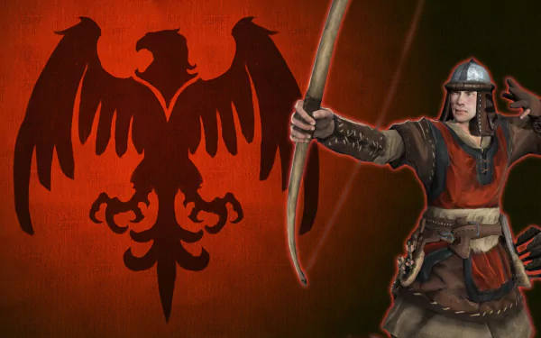 HD PC desktop wallpaper from the video game Chivalry: Medieval Warfare — armored archer drawing a bow beside a black heraldic eagle on a blood-red background.