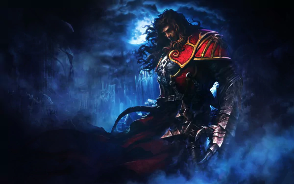 HD PC desktop wallpaper featuring a dark, brooding character from the video game Castlevania: Lords of Shadow against a misty, moonlit background.