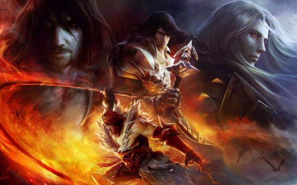 HD PC desktop wallpaper featuring intense characters from the video game Castlevania: Lords of Shadow - Mirror of Fate with fiery and shadowy backgrounds.