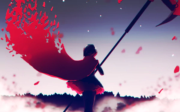 A striking HD wallpaper featuring Ruby Rose from RWBY, showcasing her iconic scythe against a backdrop of swirling red petals and a dramatic sky.