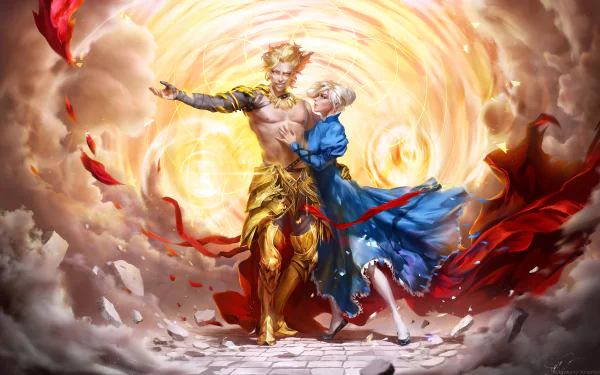 HD wallpaper featuring Gilgamesh and Saber from the Fate Series, capturing a dynamic moment surrounded by swirling colors and flowing fabrics, embodying the essence of anime artistry.