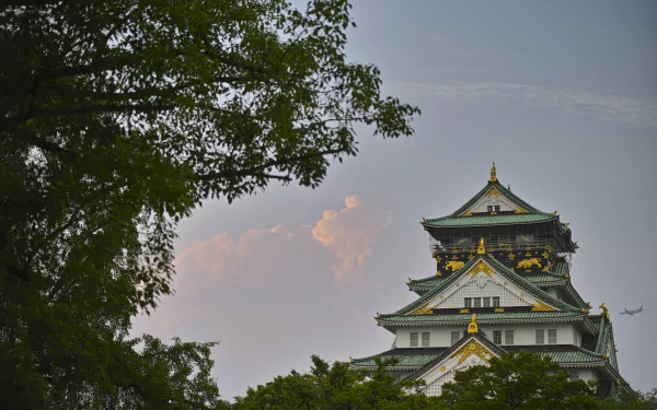 8K Ultra HD view of Osaka Castle in Japan framed by tree branches under a partly cloudy sky, blending natural and man-made elements in a serene landscape.