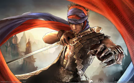 A vibrant HD wallpaper featuring the daring protagonist from Prince of Persia, poised with a sword against a stunning backdrop of mystical architecture.