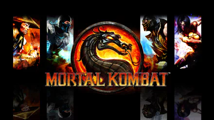 HD PC desktop wallpaper featuring Mortal Kombat's iconic dragon logo surrounded by key characters from the video game against a dark background.