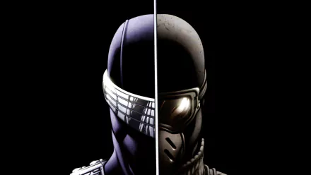 A striking HD wallpaper of Snake Eyes from G.I. Joe, featuring a dynamic split design, capturing elements from the comic Cobra: Civil War against a dark background.