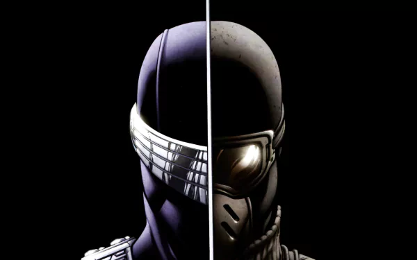 A striking HD wallpaper of Snake Eyes from G.I. Joe, featuring a dynamic split design, capturing elements from the comic Cobra: Civil War against a dark background.