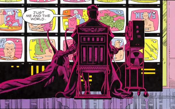 Ozymandias (Watchmen) comic HD desktop wallpaper: the cloaked hero sits in a chair before a wall of monitors showing colorful panels, bathed in neon pink and purple.