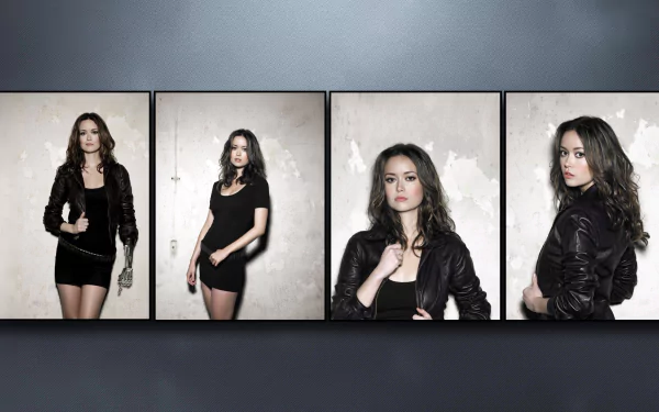 HD desktop wallpaper featuring four side-by-side images of celebrity Summer Glau in a black dress and leather jacket against a gray background.