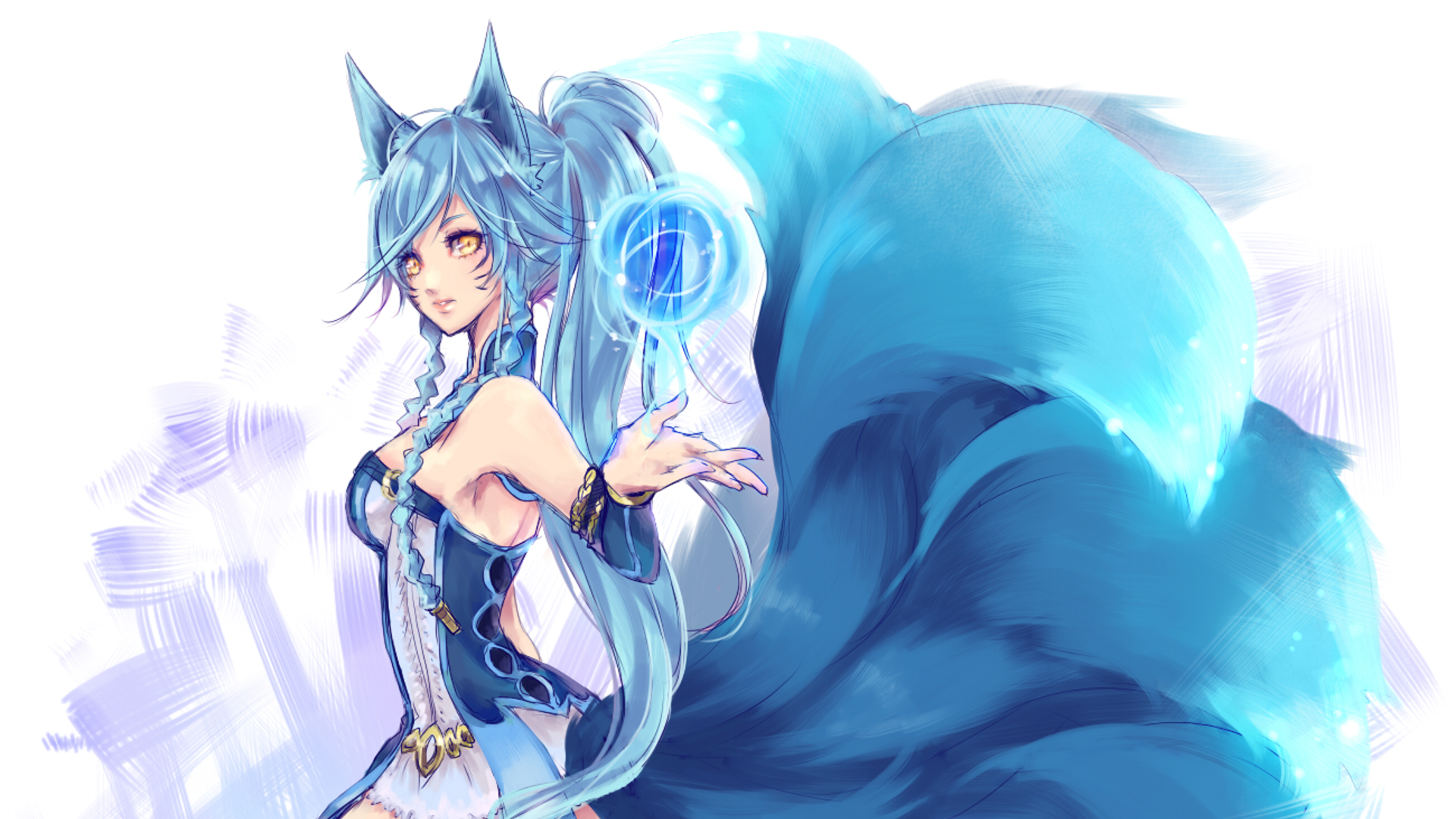A vibrant HD wallpaper featuring Ahri from League of Legends, showcasing her fox-like ears and flowing blue hair, with a mystical orb in her hand.