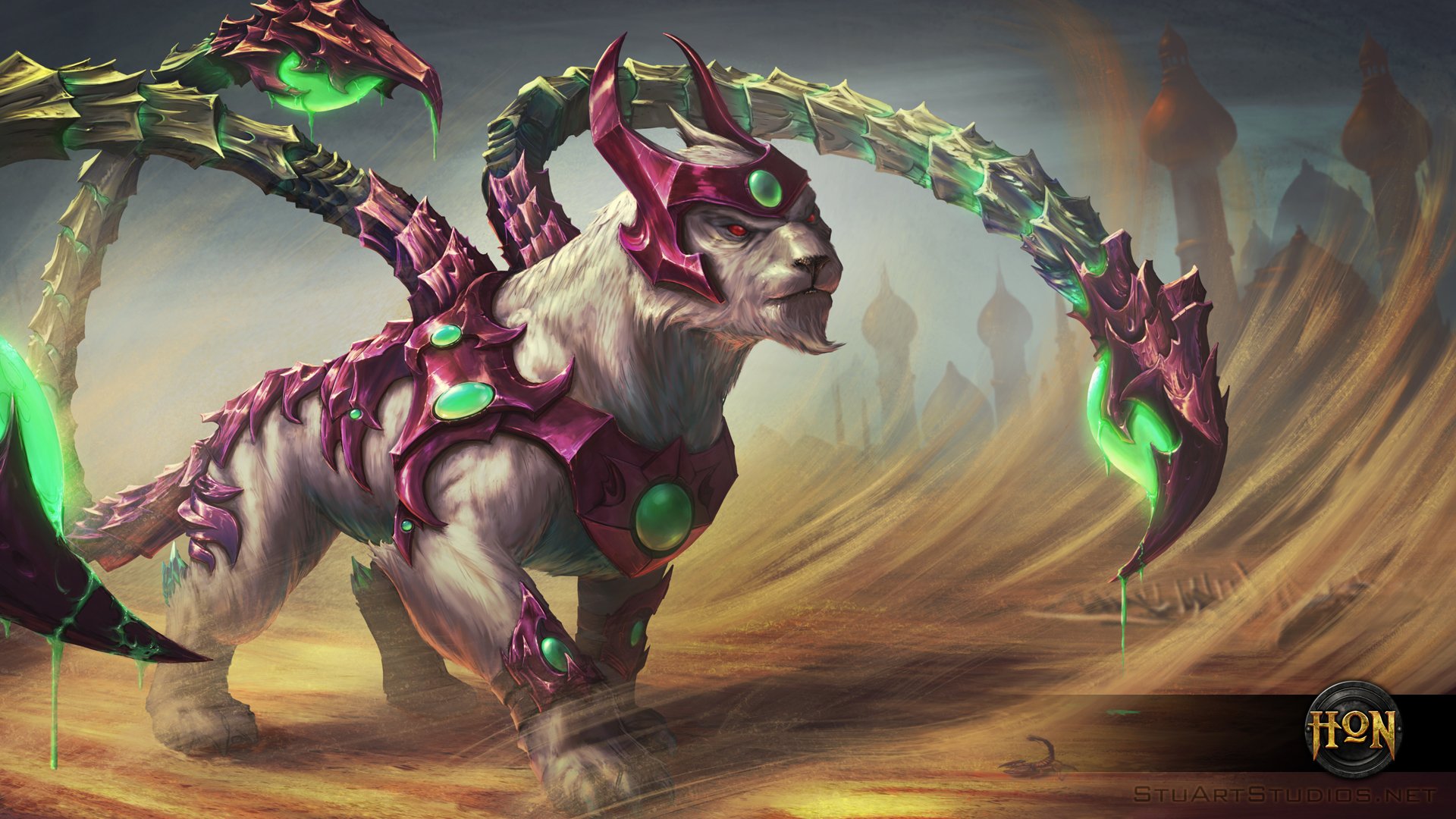 Heroes of Newerth video game HD PC desktop wallpaper: armored white feline creature with purple-green crystal armor and a glowing scorpion-like tail against a windswept desert.