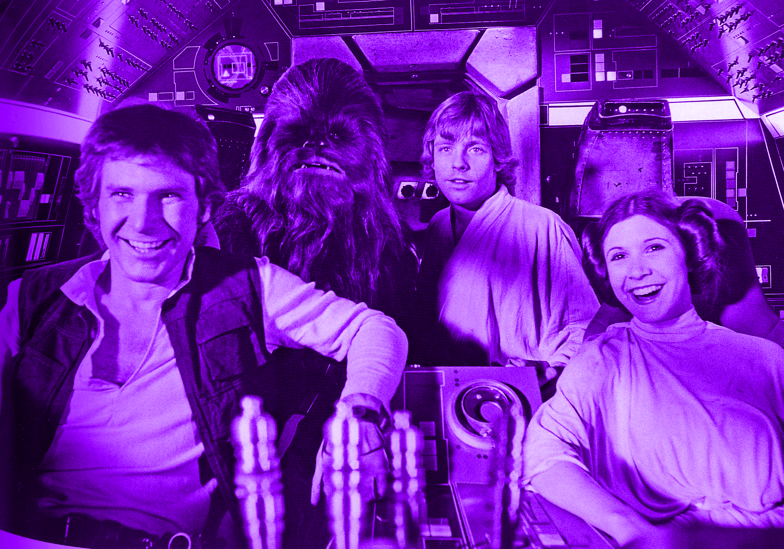 HD PC desktop wallpaper featuring main Star Wars characters Han Solo, Chewbacca, Luke Skywalker, and Princess Leia inside the Millennium Falcon cockpit.