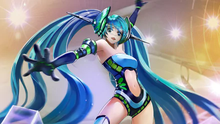 Hatsune Miku in dynamic pose with long teal twin-tails and futuristic blue-green outfit, reaching forward under stage lights — anime Vocaloid HD PC desktop wallpaper.