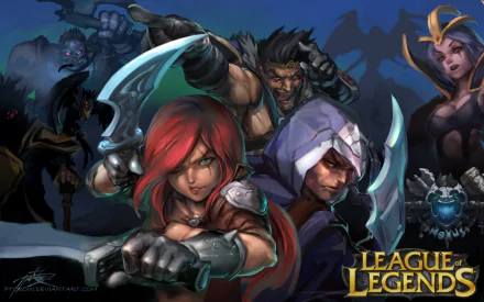 HD desktop wallpaper featuring characters Morgana, Sion, Swain, LeBlanc, Draven, Talon, and Katarina from the video game League of Legends.