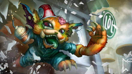 4K Ultra HD PC wallpaper of Gnar from the video game League of Legends: orange yordle in goggles and a helmet lunging through shattered glass toward the viewer, Riot logo visible.