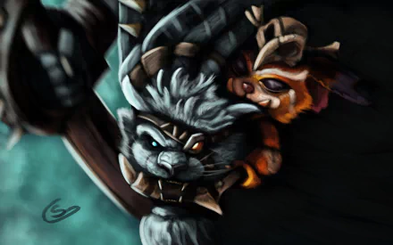 HD PC desktop wallpaper featuring Rengar and Gnar from League of Legends in dynamic action poses, highlighting the game's vibrant and intense video game art style.