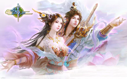 HD PC desktop wallpaper featuring two intricately dressed characters from the video game Conquer Online, set against a soft, ethereal background.
