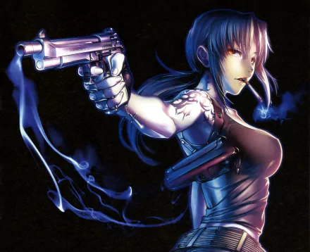 A striking HD wallpaper featuring Revy from the anime Black Lagoon, showcasing her fierce expression and dynamic pose with a gun, exuding confidence and intensity.