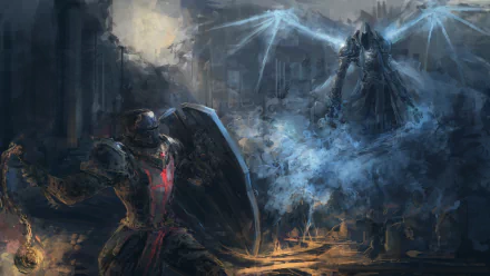 A dramatic scene from Diablo III: Reaper of Souls, featuring Malthael confronting a Crusader in a dark, atmospheric setting, showcasing epic conflict in 4K Ultra HD resolution.