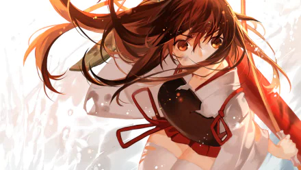Anime Kantai Collection HD PC desktop wallpaper background: a brown-haired ship girl in a red-and-white naval outfit, hair flowing in warm backlight with dynamic water droplets and motion.