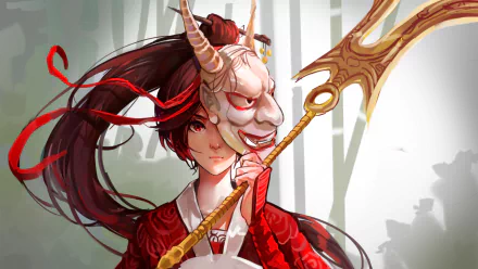 HD desktop wallpaper featuring Akali from League of Legends, wearing a traditional Ionia-inspired mask and wielding a golden weapon.