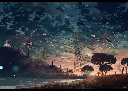 HD anime landscape wallpaper featuring a twilight scene with silhouetted trees and electrical towers, enhanced by a serene, star-speckled sky and a reflective water surface.