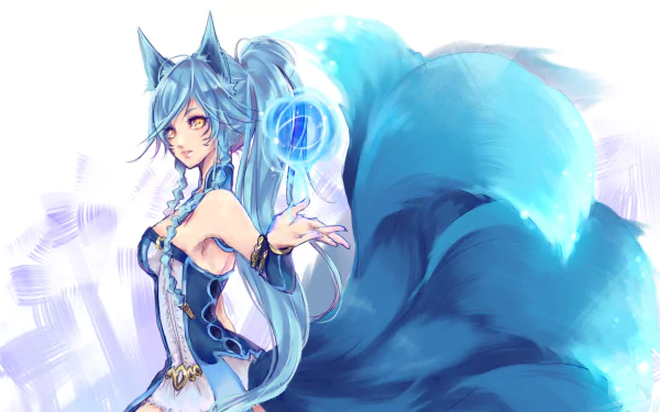A vibrant HD wallpaper featuring Ahri from League of Legends, showcasing her fox-like ears and flowing blue hair, with a mystical orb in her hand.