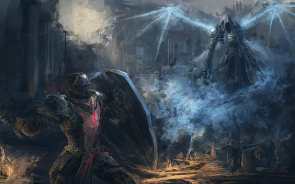 A dramatic scene from Diablo III: Reaper of Souls, featuring Malthael confronting a Crusader in a dark, atmospheric setting, showcasing epic conflict in 4K Ultra HD resolution.