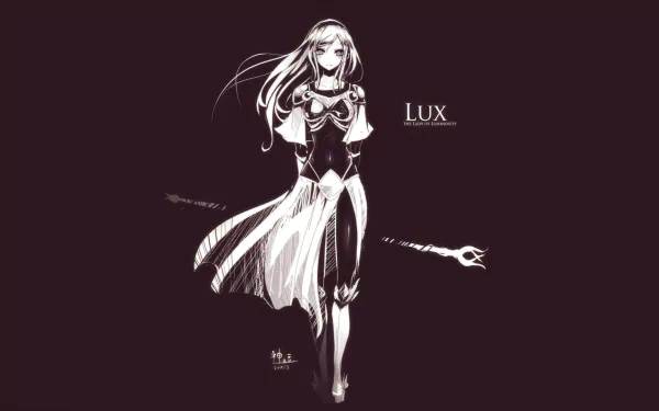HD desktop wallpaper featuring Lux from the video game League of Legends. The image displays Lux in a black and white, artistic style with her name on the right side.