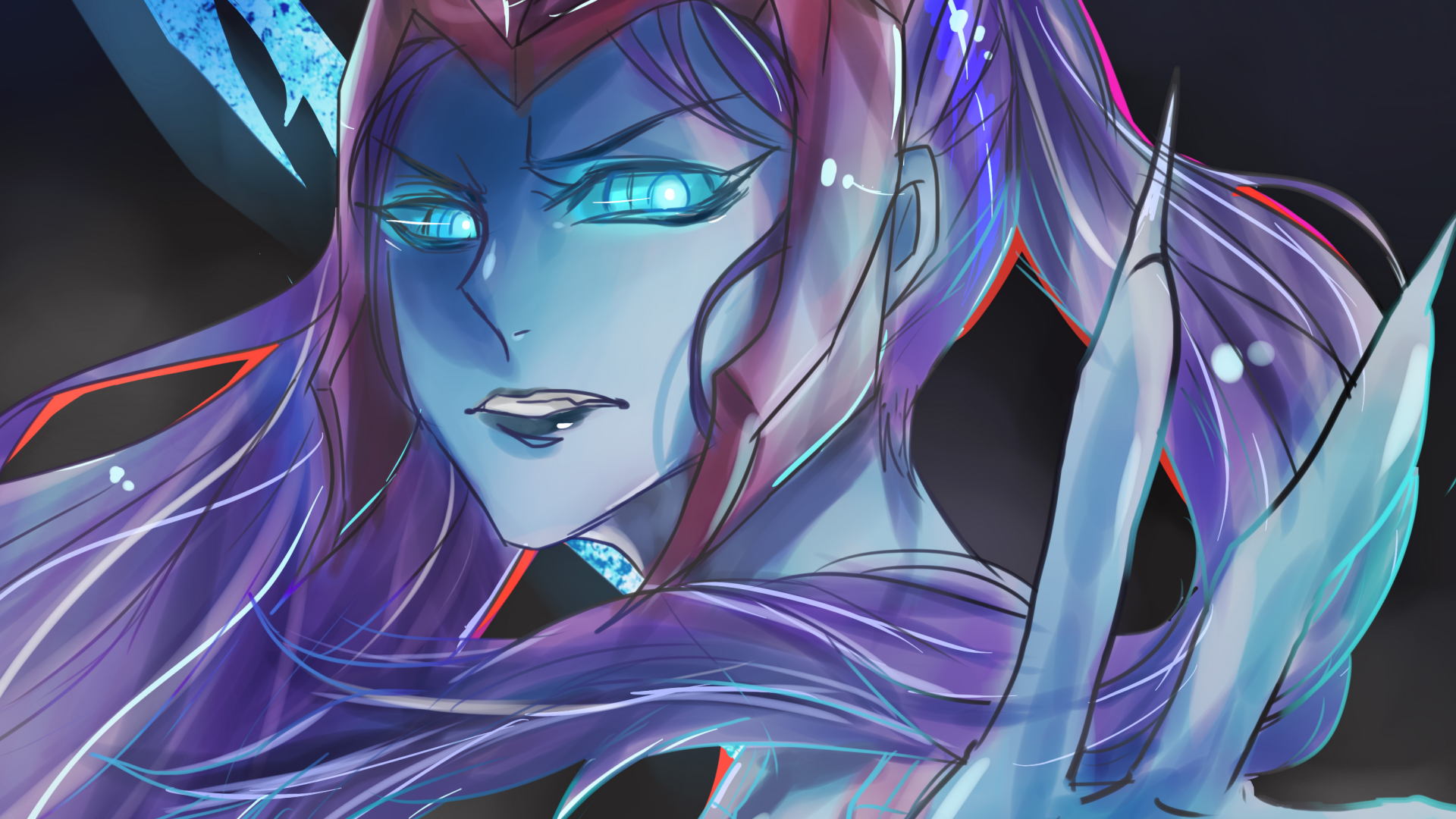 HD PC desktop wallpaper featuring Kalista, a character from the video game League of Legends, with glowing blue eyes and ethereal purple tones.