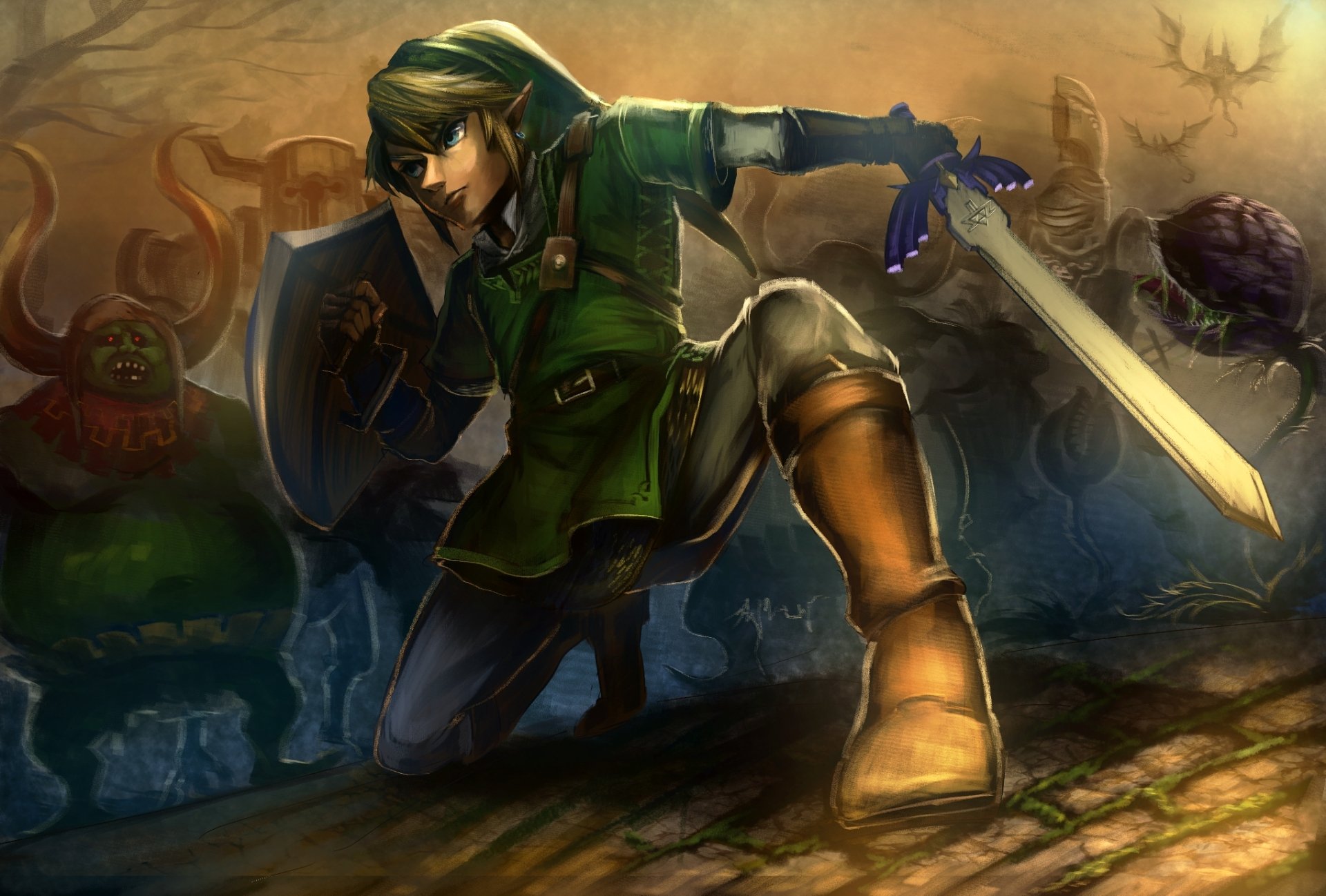 Link wielding a sword in a dark, atmospheric scene from The Legend of Zelda: Breath of the Wild, showcasing his bravery against looming threats. HD PC desktop wallpaper.