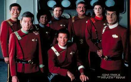 HD PC desktop wallpaper featuring the main cast of the movie Star Trek II: The Wrath of Khan in their iconic Starfleet uniforms.