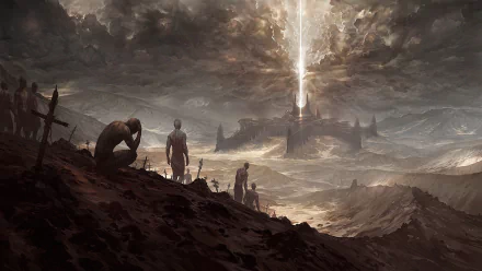 Fantasy-themed HD artistic wallpaper depicting figures on a rugged landscape facing a towering fortress emitting a powerful beam of light under a stormy sky.