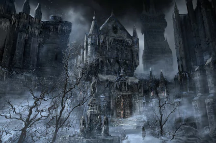 HD PC desktop wallpaper featuring a dark, gothic castle scene from the video game Bloodborne, shrouded in mist and eerie atmosphere.