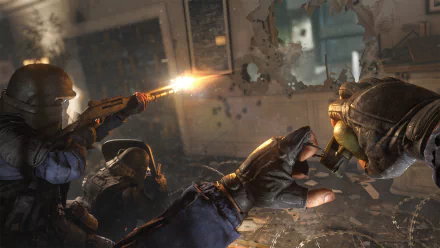 HD desktop wallpaper of Tom Clancy's Rainbow Six: Siege, depicting intense tactical combat, with armed characters engaging in a firefight amidst a destructible environment.
