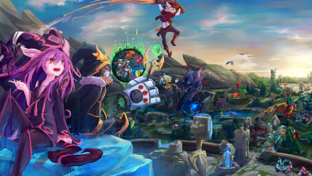 HD desktop wallpaper featuring Tristana, Veigar, and Lulu from League of Legends in a vibrant, fantasy landscape. The background showcases an expansive game environment with detailed scenery and dynamic action.
