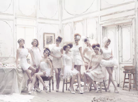 HD PC desktop wallpaper of a Korean K-pop girl group of Asian women in white dresses posed in a bright, vintage parlor, conveying an elegant music/pop concept.