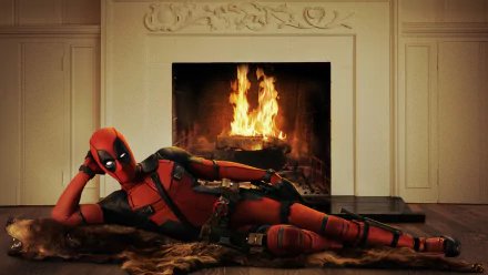 HD desktop wallpaper featuring Deadpool lounging provocatively on a rug in front of a fireplace, tagged with movie and Deadpool.