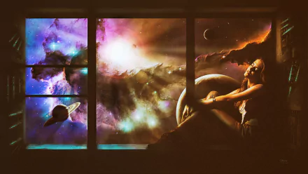 A dreamy sci-fi scene with a person gazing at colorful nebulae, stars, planets, and a glowing sun through a window, rendered in 4K Ultra HD for a PC desktop background.