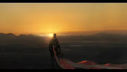 HD PC desktop wallpaper depicting a sci-fi astronaut standing against a vast, dark landscape with a glowing sunset in the background.