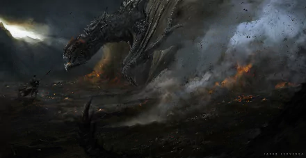 HD fantasy PC desktop wallpaper depicting a colossal dragon amidst smoke and fire in a dark, apocalyptic landscape.