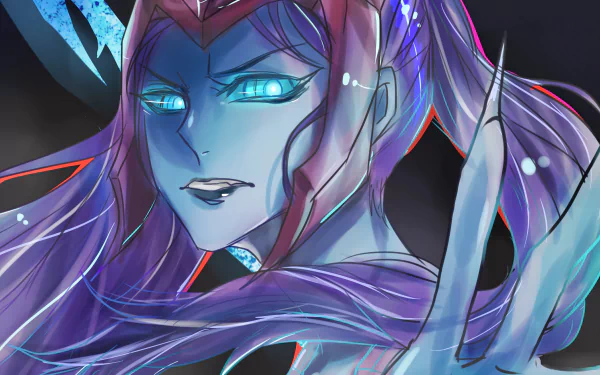 HD PC desktop wallpaper featuring Kalista, a character from the video game League of Legends, with glowing blue eyes and ethereal purple tones.