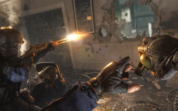 HD desktop wallpaper of Tom Clancy's Rainbow Six: Siege, depicting intense tactical combat, with armed characters engaging in a firefight amidst a destructible environment.